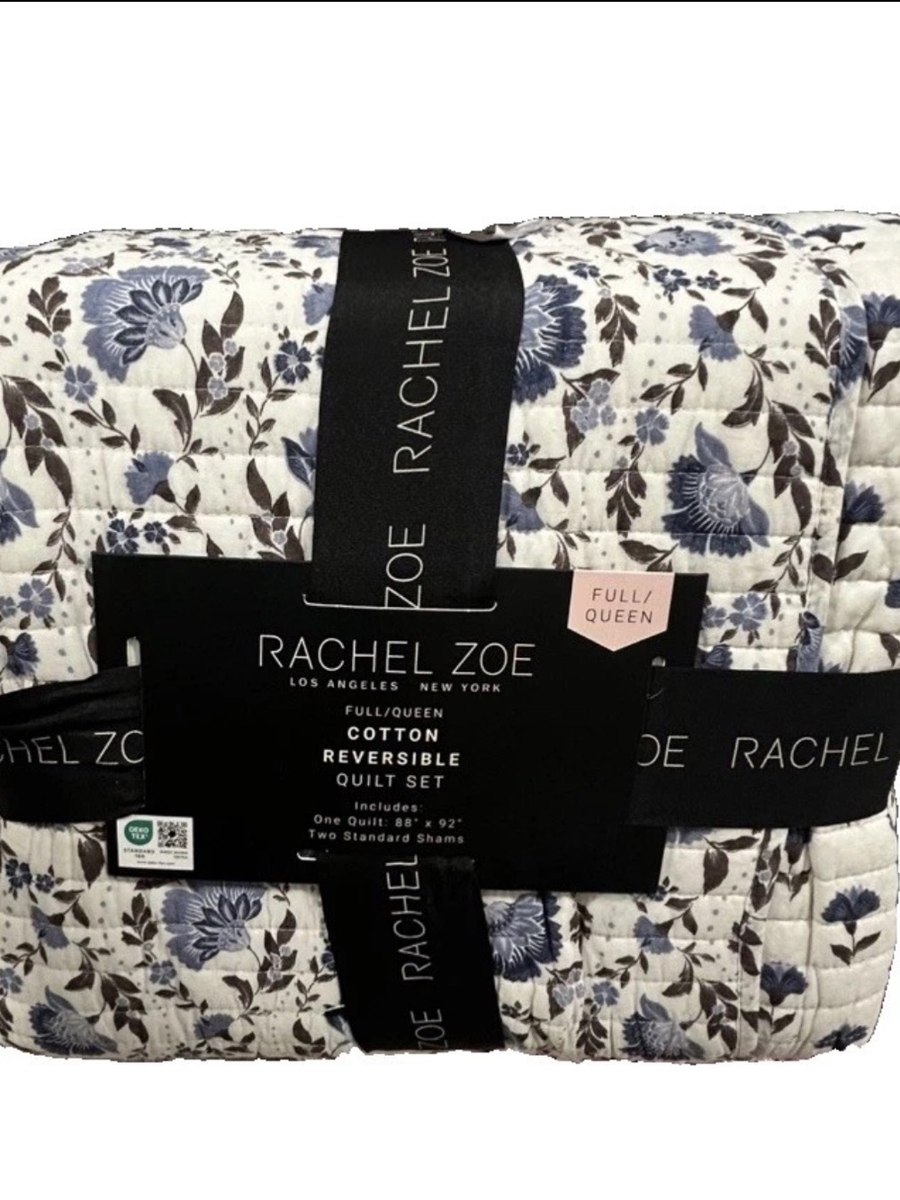 Rachel Zoe Blue, Brown and White Queen Floral Reversible Quilt Set 88”x92”